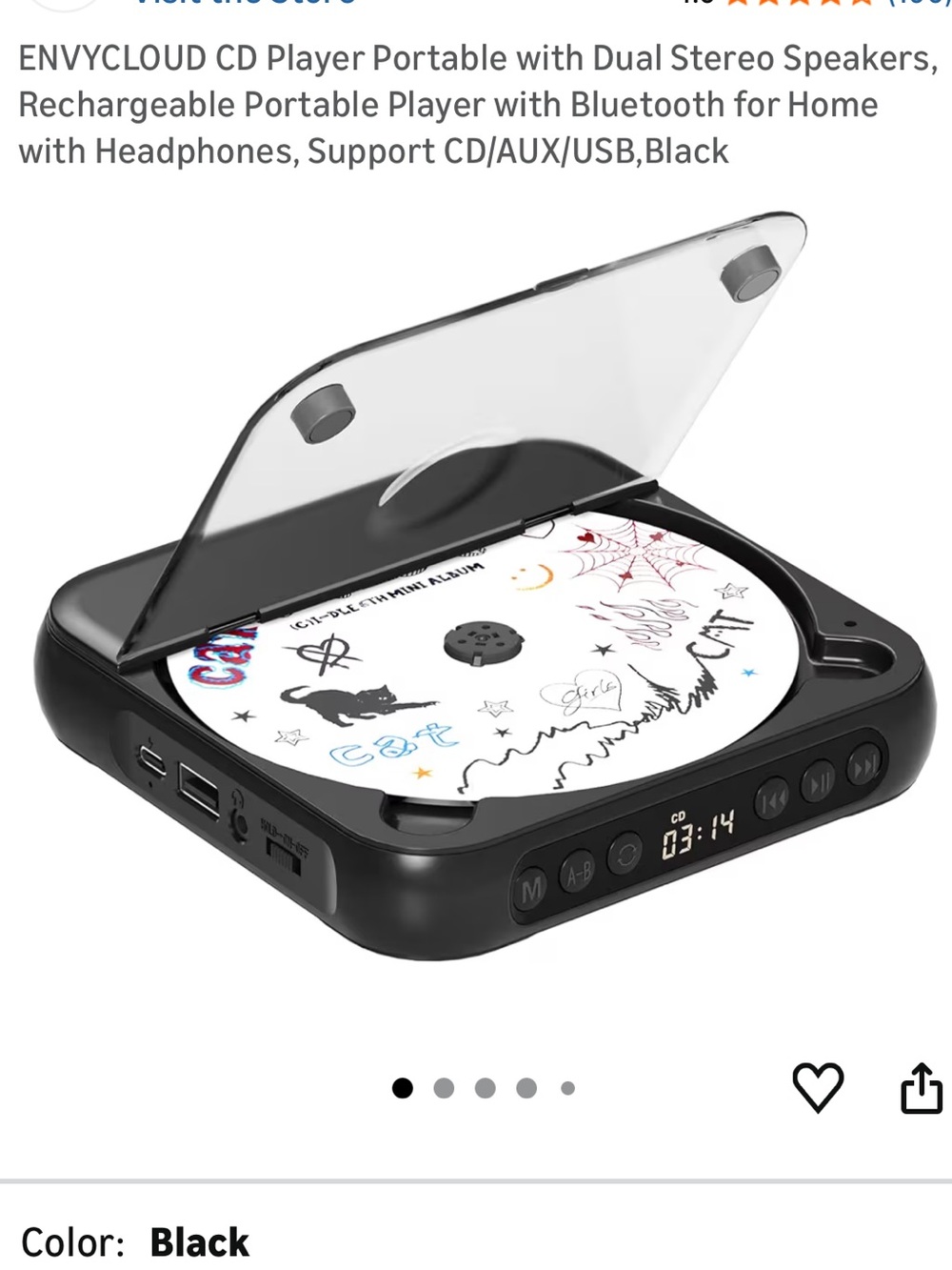 Portable CD Player with Dual Speakers - Black